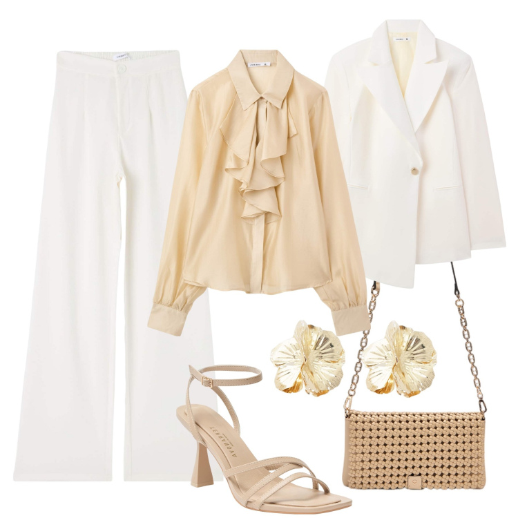 Outfit donna - Camicia con rouches al battesimo. Stile Chic per Cerimonia. Abbinamento con pantaloni, camicie, blazer, sandali col tacco, orecchini, clutch.