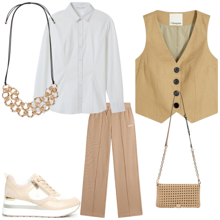 Outfit donna - Gilet. Stile Casual chic per Ufficio. Abbinamento con gilet, camicie, pantaloni, collane, sneakers, clutch.
