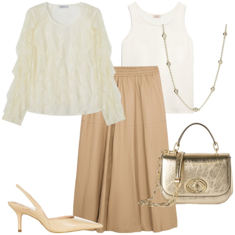 Outfit donna - Rouches romantiche - focus curvy. Stile Romantica per Cerimonia. Abbinamento con collane, décolleté, top, borse a tracolla, gonne longuette, bluse.