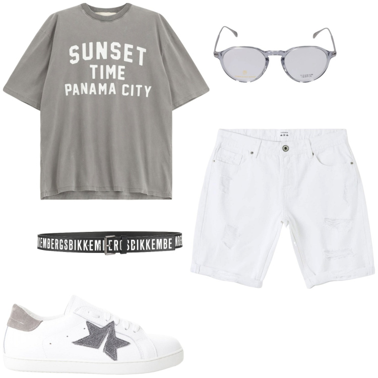 Outfit uomo - Total look weekend. Stile Casual per Tutti i giorni. Abbinamento con cinture, bermuda, sneakers, t-shirt, occhiali da sole.
