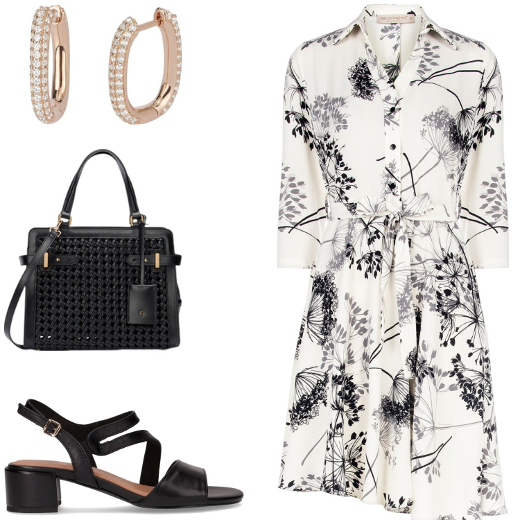 Outfit donna - Abito per tutti i giorni. Stile Casual chic per Tutti i giorni. Abbinamento con orecchini, vestiti chemisier, borse a mano, sandali col tacco.