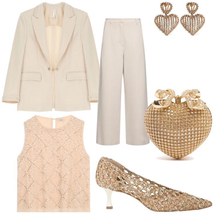 Outfit donna - Invito. Stile Bon Ton per Cerimonia. Abbinamento con blazer, décolleté, orecchini, pantaloni, top, pochette.