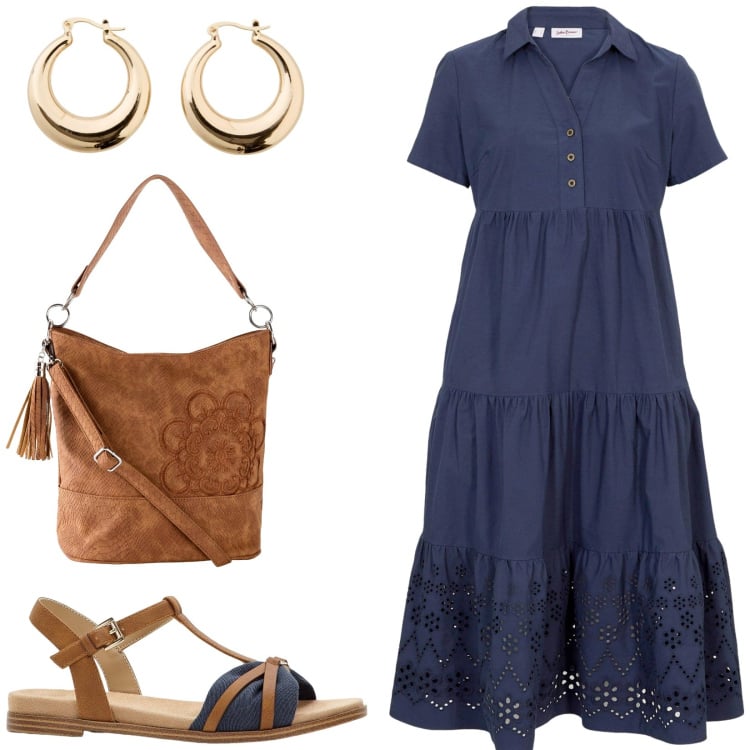 Outfit donna - Comoda tutto il giorno. Stile Casual per Tutti i giorni. Abbinamento con vestiti, borse a mano, sandali, orecchini.