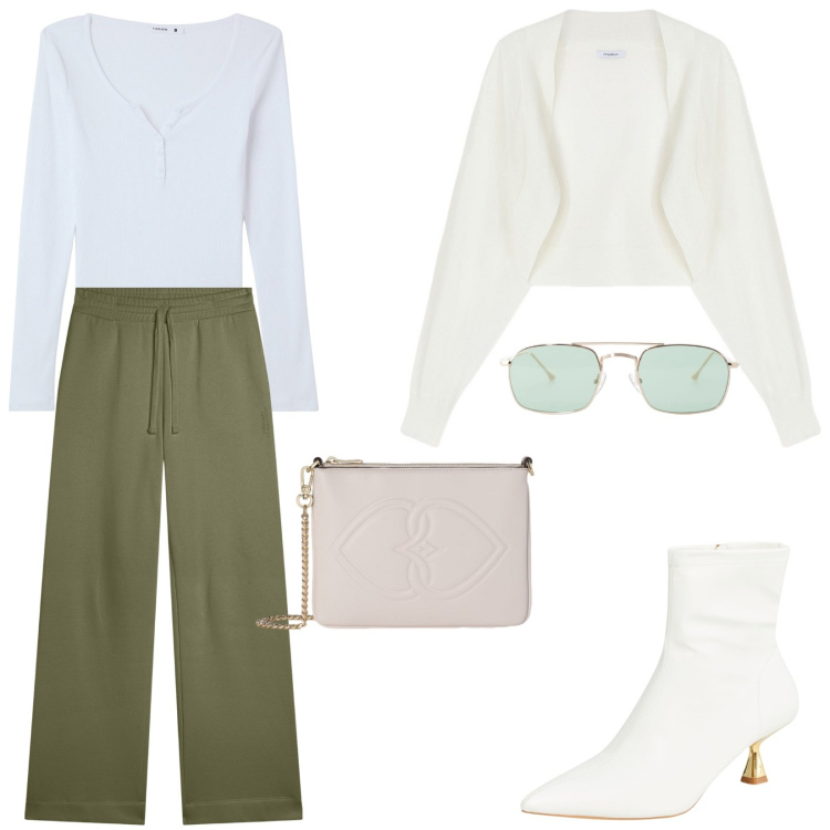 Outfit donna - Love white. Stile Basic per Tutti i giorni. Abbinamento con stivaletti, t-shirt, occhiali da sole, pantaloni, blazer, pochette.