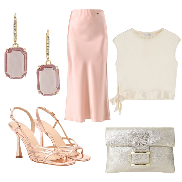 Outfit donna - Cerimonia in comune. Stile Chic per Cerimonia. Abbinamento con pochette, gonne, orecchini, bluse, sandali col tacco.