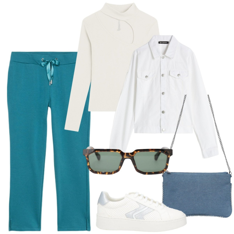 Outfit donna - Sporty-chic in città. Stile Sporty chic per Tutti i giorni. Abbinamento con sneakers, borse a tracolla, occhiali da sole, maglieria, blazer, pantaloni.
