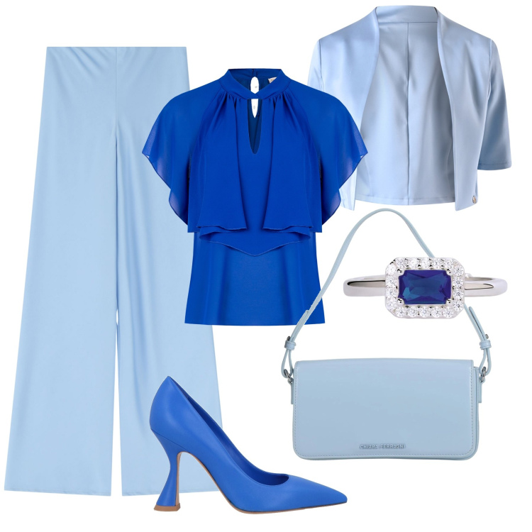 Outfit donna - Rouches blu cina. Stile Glamour per Cerimonia. Abbinamento con borse a mano, décolleté, pantaloni, anelli, bluse, bolero.