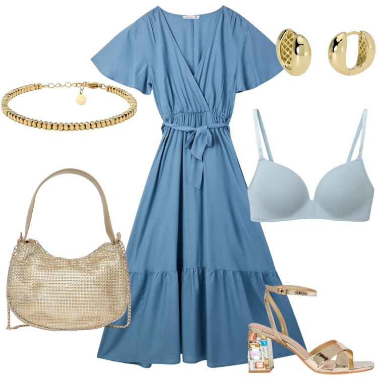 Outfit donna - Denim soft. Stile Glamour per Tutti i giorni. Abbinamento con reggiseni, borse a spalla, vestiti lunghi, sandali gioiello, orecchini, braccialetti.