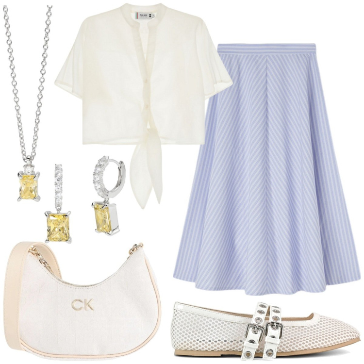 Outfit donna - Una gita fuori. Stile Casual chic per Tutti i giorni. Abbinamento con borse a tracolla, orecchini, collane, camicie a manica corta, ballerine, gonne longuette.