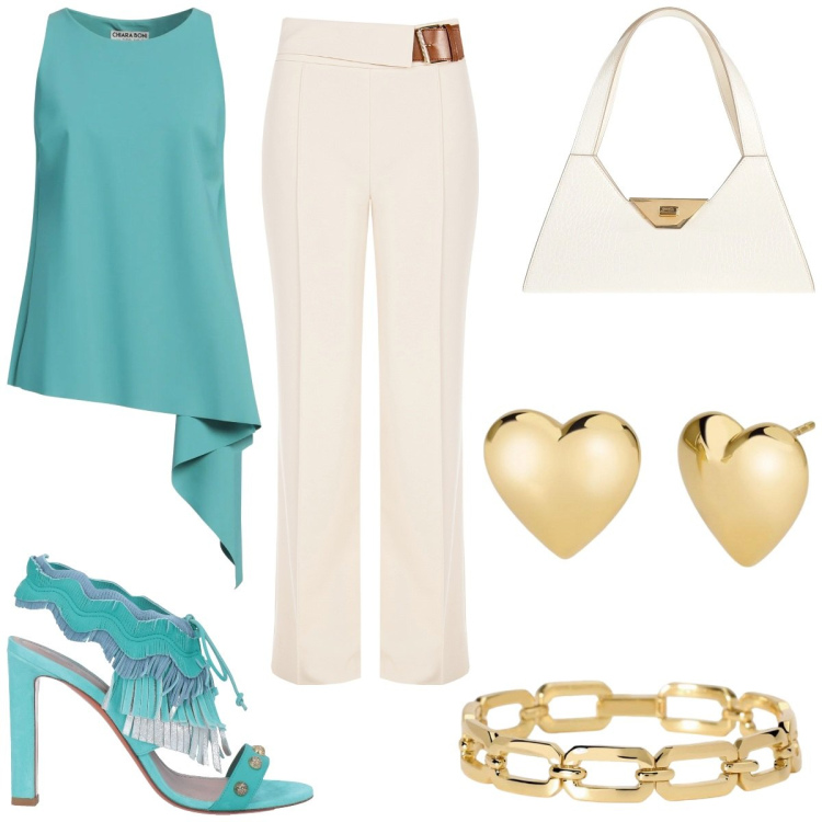Outfit donna - Tonalità verde menta. Stile Casual chic per Serata fuori. Abbinamento con sandali in pelle, top, borse a mano, orecchini, braccialetti, pantaloni.