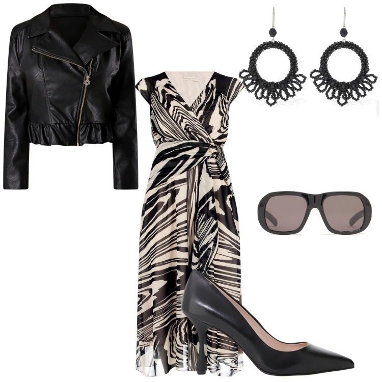 Outfit donna - Beauty Curvy. Stile Urban per Tutti i giorni. Abbinamento con vestiti, giacche, décolleté, orecchini, occhiali da sole.