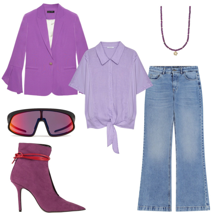 Outfit donna - Viola. Stile Urban per Ufficio. Abbinamento con stivaletti, collane, jeans, camicie, blazer, occhiali da sole.