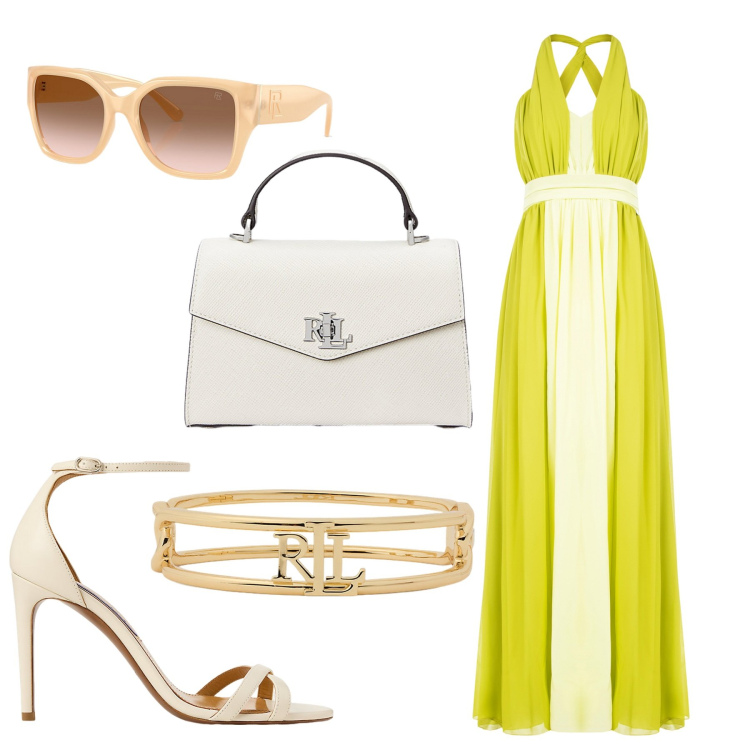 Outfit donna - Ricevimento in giardino. Stile Glamour per Cerimonia. Abbinamento con vestiti lunghi, occhiali da sole, sandali col tacco, braccialetti, borse a mano.
