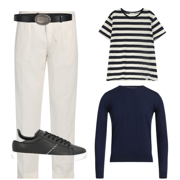 Outfit uomo - Per essere comodi e casual. Stile Casual per Serata speciale. Abbinamento con pantaloni chino, sneakers, cinture, pullovers, t-shirt.