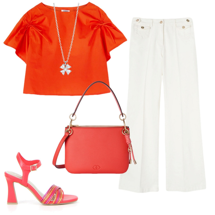 Outfit donna - Il sandalo coloratissimo. Stile Casual chic per Tutti i giorni. Abbinamento con collane, sandali col tacco, bluse, pantaloni, borse a tracolla.