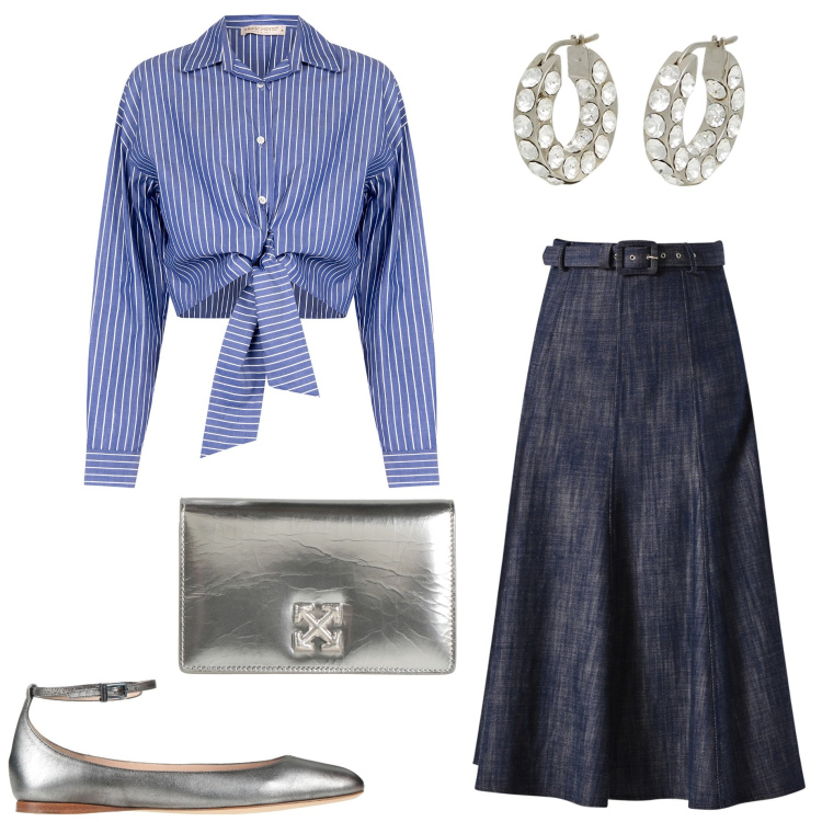 Outfit donna - Denim in primavera. Stile Sporty chic per Serata fuori. Abbinamento con ballerine, orecchini, borse a mano, camicie, gonne longuette.