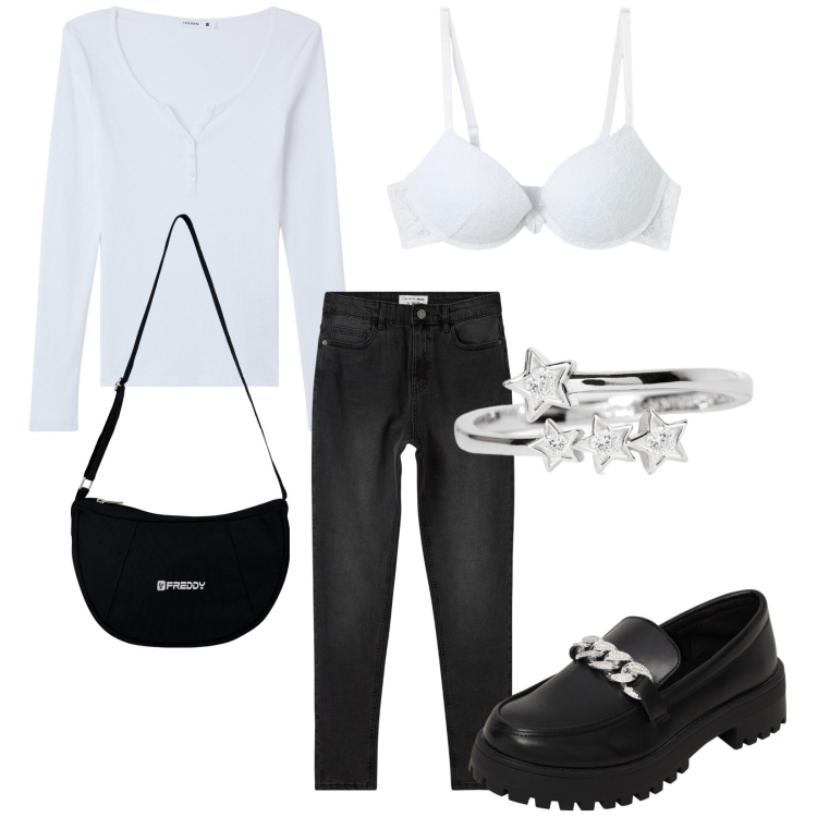 Outfit donna - Total look #2165291. Stile Casual per Tutti i giorni. Abbinamento con jeans skinny, mocassini, reggiseni push-up, t-shirt, anelli, borse a spalla.