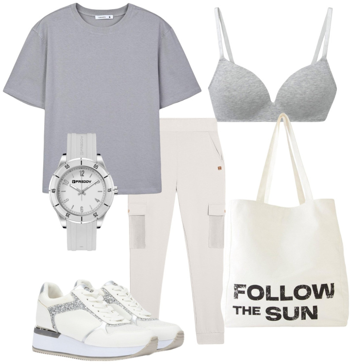 Outfit donna - Total look #2165296. Stile Casual per Tutti i giorni. Abbinamento con shopping bag, t-shirt, reggiseni, pantaloni cargo, orologi, sneakers.