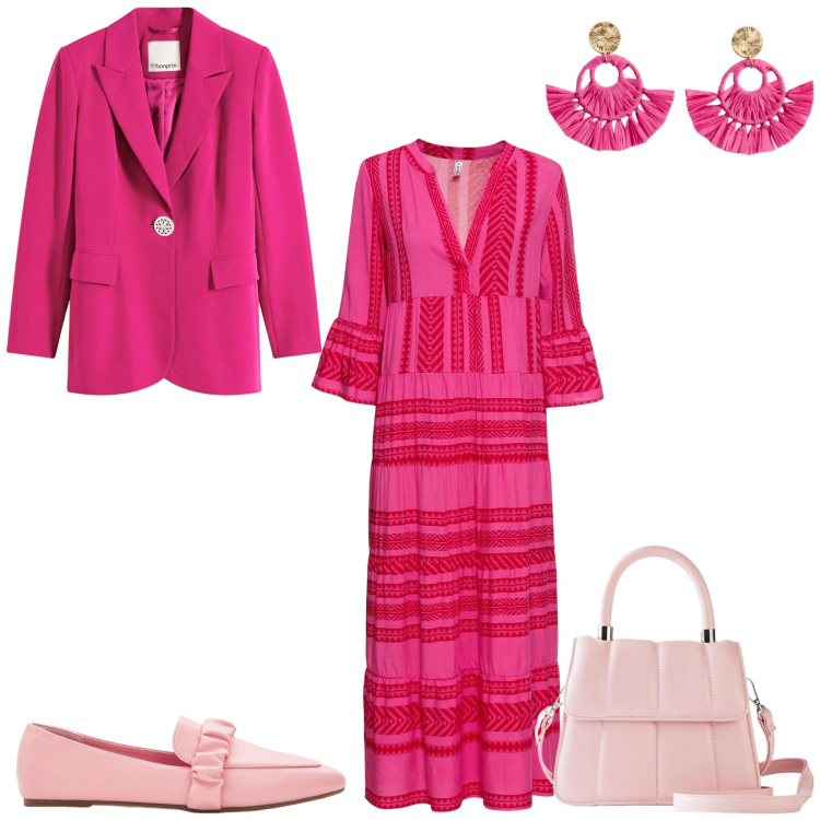 Outfit donna - Pink lady. Stile Bon Ton per Tutti i giorni. Abbinamento con vestiti lunghi, mocassini, orecchini, blazer, borse a tracolla.