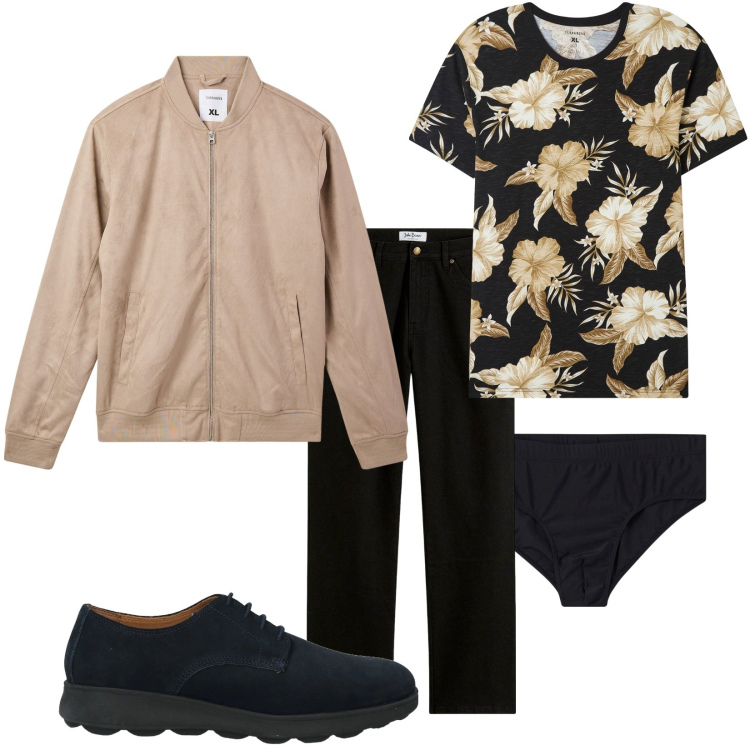 Outfit uomo - Total look #2165301. Stile Trendy per Tutti i giorni. Abbinamento con jeans dritti, scarpe stringate, costumi, t-shirt, bomber.