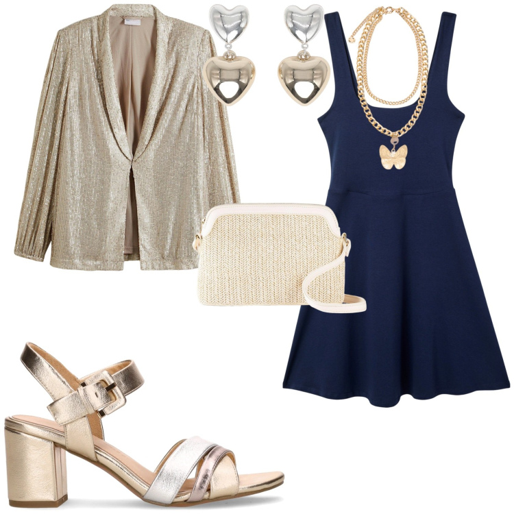 Outfit donna - Serata evento speciale. Stile Chic per Serata fuori. Abbinamento con borse a tracolla, blazer, orecchini, vestiti, sandali col tacco, collane.