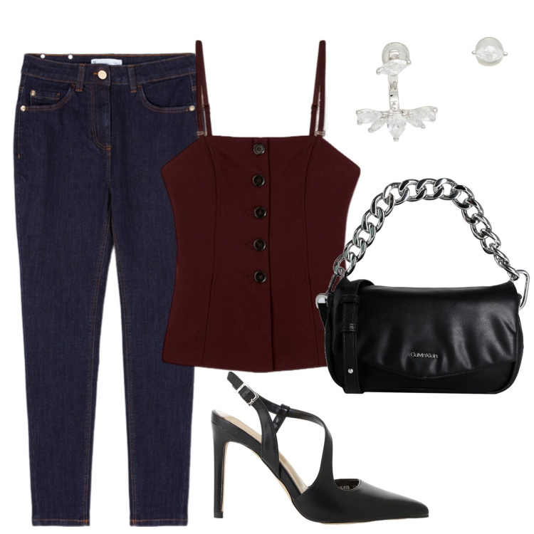 Outfit donna - Top Motivi. Stile Casual chic per Serata fuori. Abbinamento con borse a mano, orecchini, décolleté, top, jeans skinny.