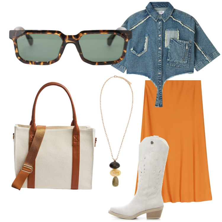 Outfit donna - Sotto il sole del Texas. Stile Etnico per Tutti i giorni. Abbinamento con camicie a manica corta, shopping bag, occhiali da sole, gonne longuette, stivali, collane.