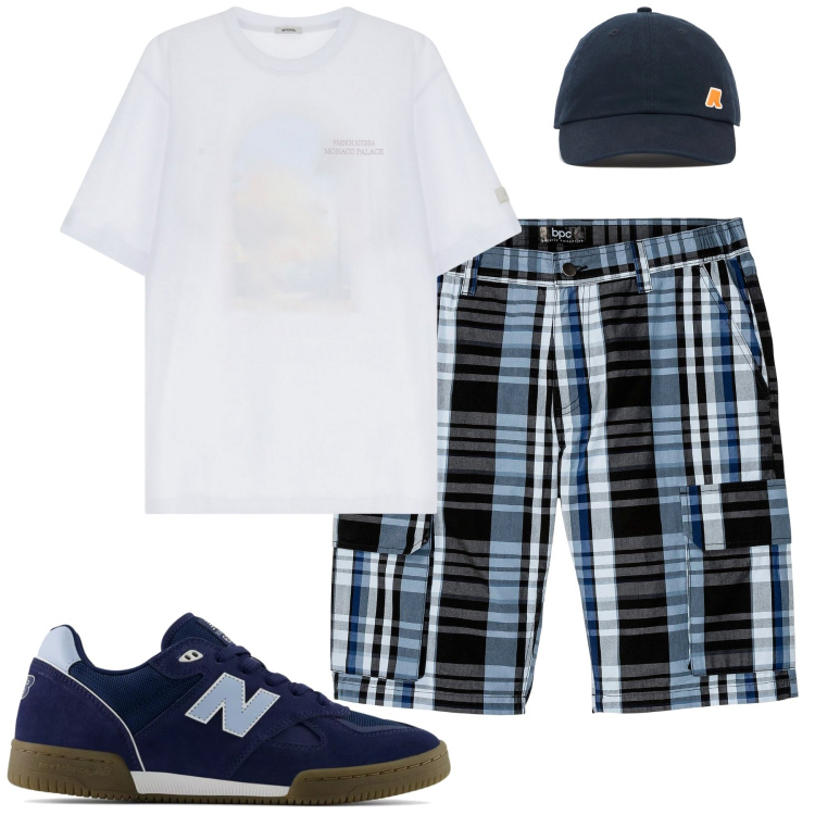 Outfit uomo - Maggio. Stile Casual per Tutti i giorni. Abbinamento con bermuda, sneakers, t-shirt, cappelli.