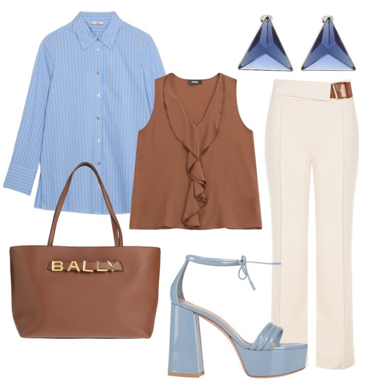 Outfit donna - Il top con la camicia. Stile Casual chic per Serata fuori. Abbinamento con sandali in pelle, orecchini, borse a mano, top, pantaloni, camicie.