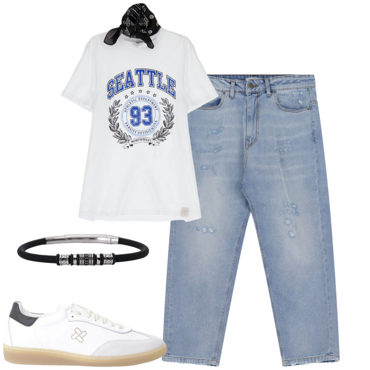 Outfit uomo - La t-shirt stampata. Stile Casual per Tutti i giorni. Abbinamento con braccialetti, t-shirt, sneakers, jeans.