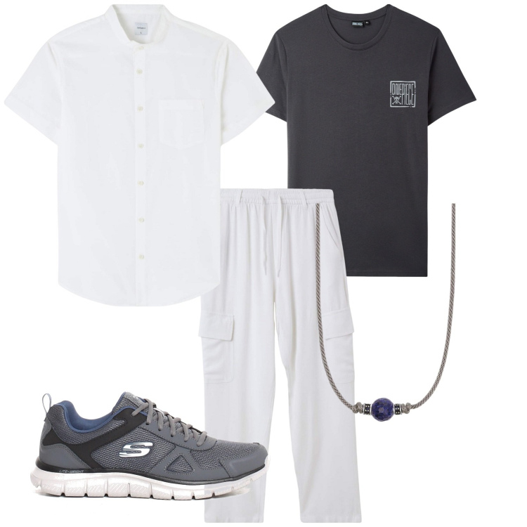 Outfit uomo - L\'aperitivo a maggio. Stile Trendy per Tutti i giorni. Abbinamento con t-shirt, camicie a manica corta, pantaloni cargo, collane, sneakers.