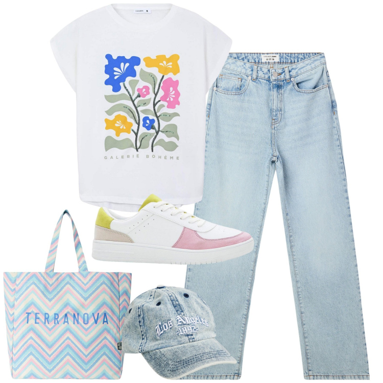 Outfit donna - City. Stile Casual per Tutti i giorni. Abbinamento con sneakers, t-shirt, jeans dritti, cappelli con visiera, borse tote.
