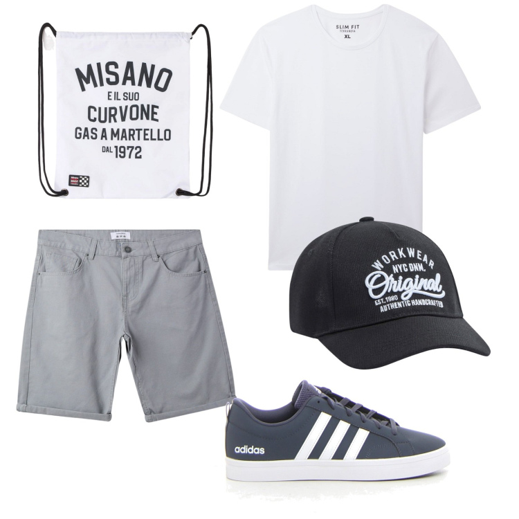 Outfit uomo - Total look #2165327. Stile Casual per Tutti i giorni. Abbinamento con borse sportive, cappelli, t-shirt sportive, bermuda, sneakers.