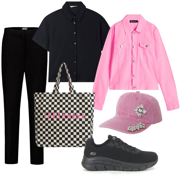 Outfit donna - Total look #2165329. Stile Casual per Tutti i giorni. Abbinamento con camicie a manica corta, shopping bag, blazer, cappelli, pantaloni, sneakers.