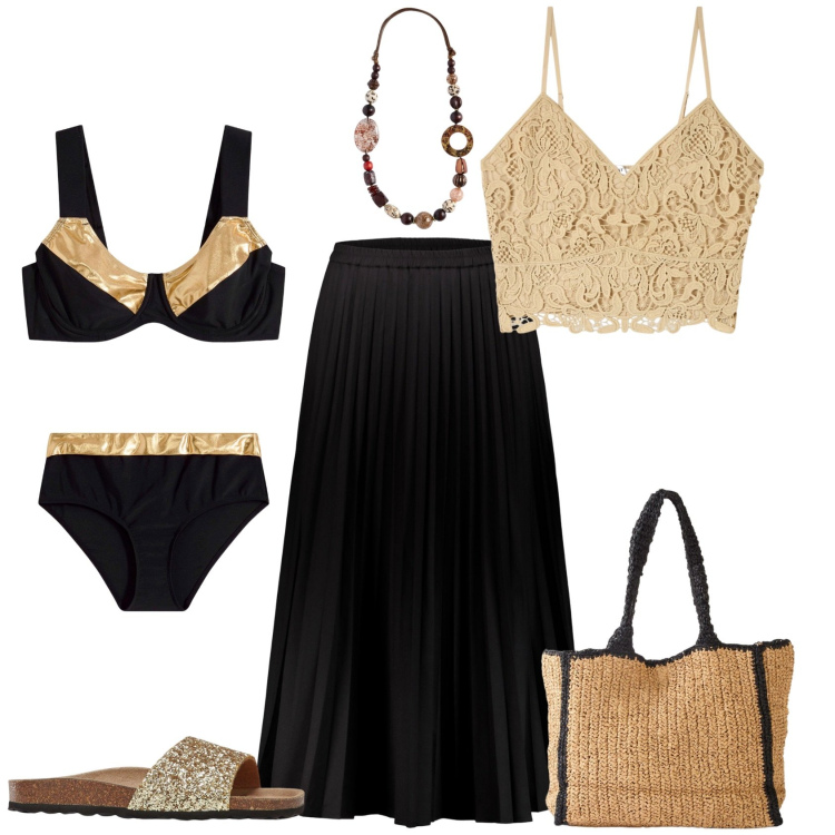 Outfit donna - Glamour in spiaggia. Stile Glamour per Mare. Abbinamento con ciabatte, shopping bag, bikini, top, gonne lunghe, collane.