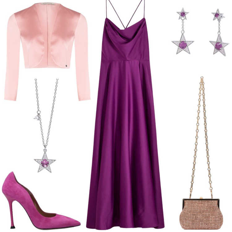 Outfit donna - Cerimonia. Stile Glamour per Cerimonia. Abbinamento con vestiti, décolleté, orecchini, collane, bolero, clutch.