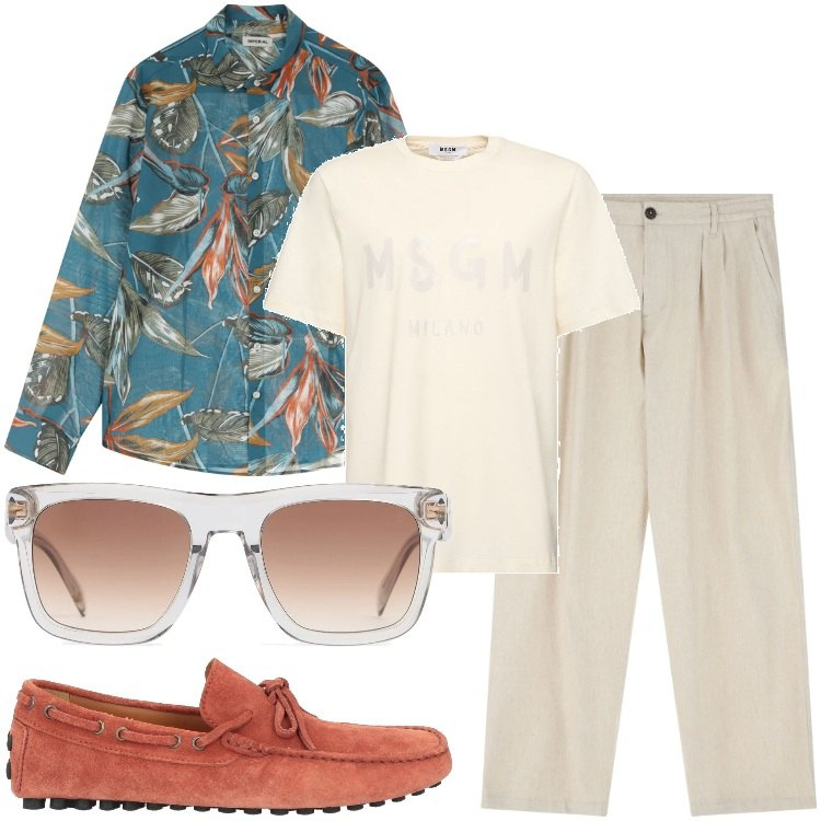Outfit uomo - Aperitivo relax. Stile Trendy per Serata speciale. Abbinamento con scarpe stringate, pantaloni, camicie, occhiali da sole, t-shirt.