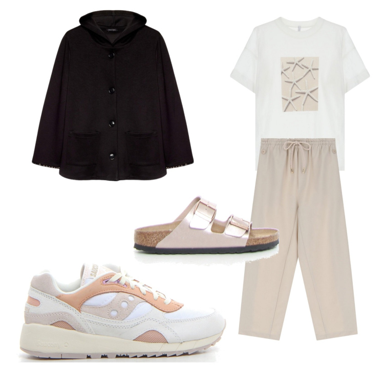 Outfit donna - Boscaini sport e relax. Stile Basic per Sport. Abbinamento con pantaloni sportivi, t-shirt, sneakers, ciabatte, felpe con cappuccio.