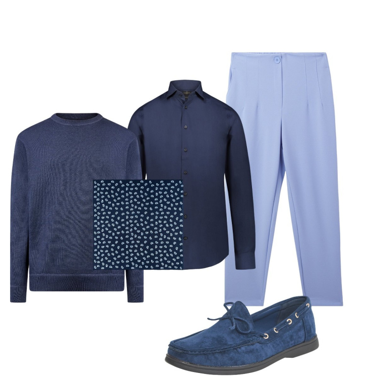 Outfit uomo - Serata rilassante. Stile Trendy per Serata speciale. Abbinamento con scarpe stringate, pantaloni chino, camicie, maglieria, sciarpe e foulard.