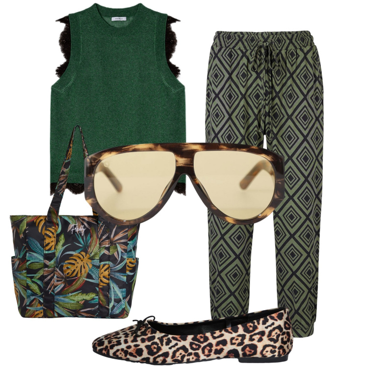 Outfit donna - Domenica in libertà. Stile Trendy per Tutti i giorni. Abbinamento con pantaloni, ballerine, occhiali da sole, shopping bag, top.