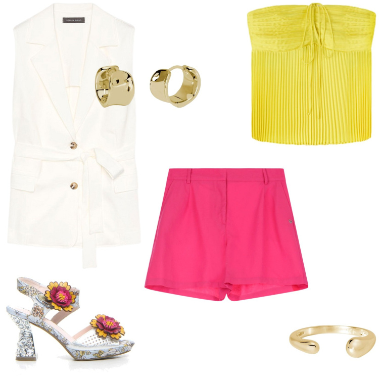 Outfit donna - Il sole ai miei piedi !!!. Stile Glamour per Tutti i giorni. Abbinamento con anelli, orecchini, shorts, gilet, top, sandali col tacco.