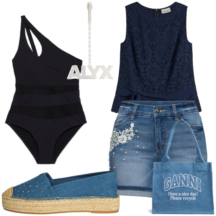 Outfit donna - Shorts da aperitivo. Stile Glamour per Mare. Abbinamento con shorts, top, espadrillas, costumi interi, shopping bag, orecchini.