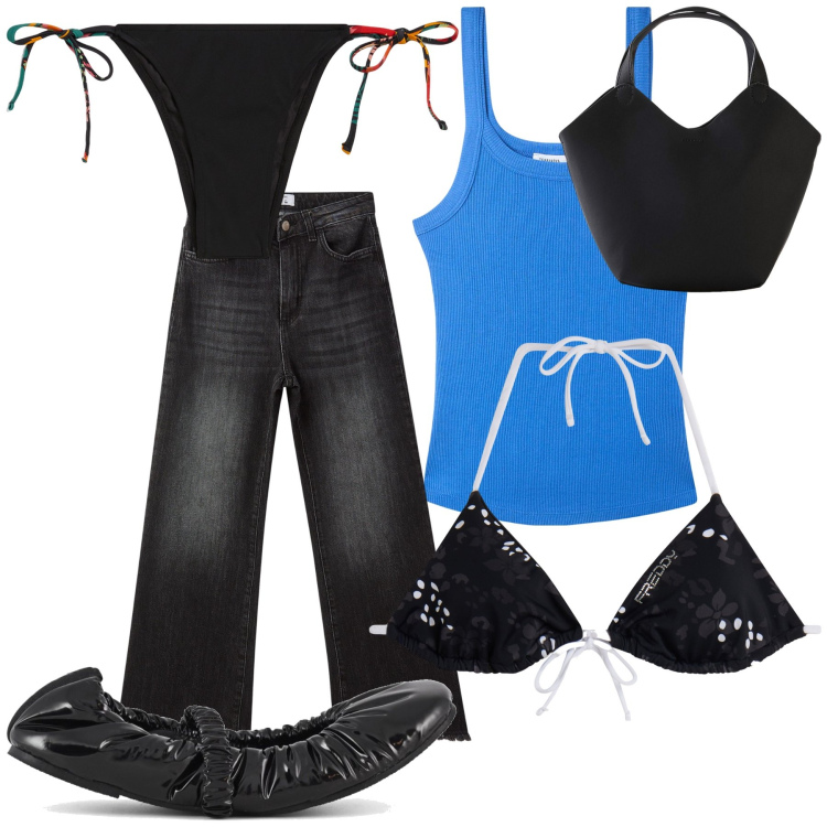 Outfit donna - In spiaggia dal mattino. Stile Trendy per Mare. Abbinamento con borse a mano, canottiere, jeans, bikini, bikini, ballerine.