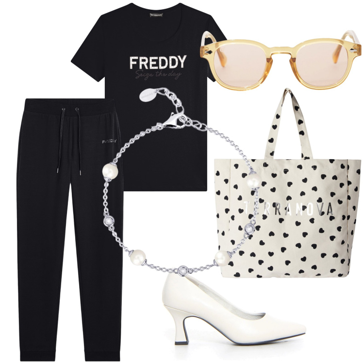 Outfit donna - Colazione al bar con amici. Stile Trendy per Tutti i giorni. Abbinamento con borse tote, braccialetti, occhiali da sole, t-shirt, pantaloni, décolleté.