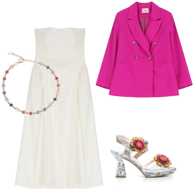 Outfit donna - Un dí di festa. Stile Glamour per Tutti i giorni. Abbinamento con braccialetti, vestiti midi/longuette, blazer, sandali col tacco.