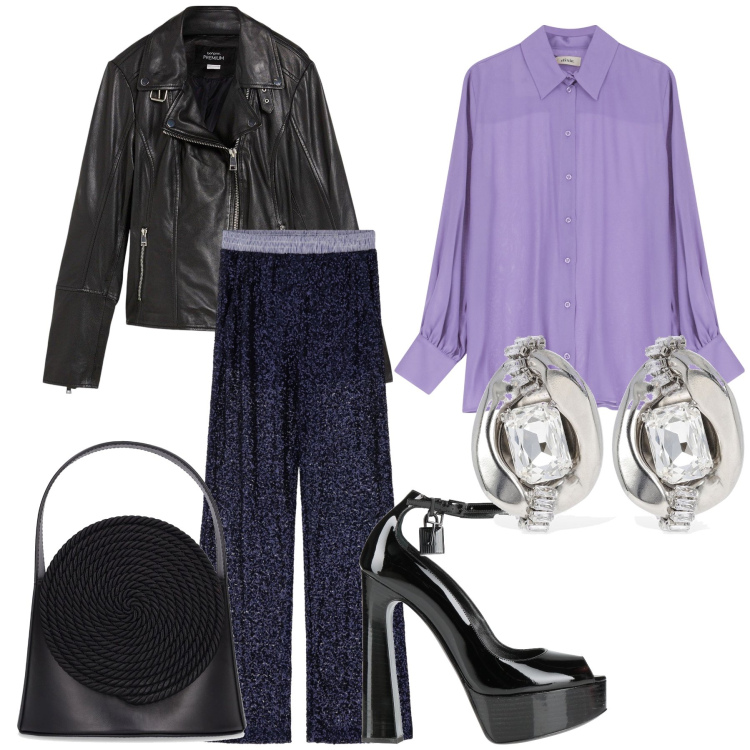 Outfit donna - Un tocco di lilla. Stile Glamour per Serata fuori. Abbinamento con blazer, décolleté, pantaloni a palazzo, camicie, orecchini, borse a mano.