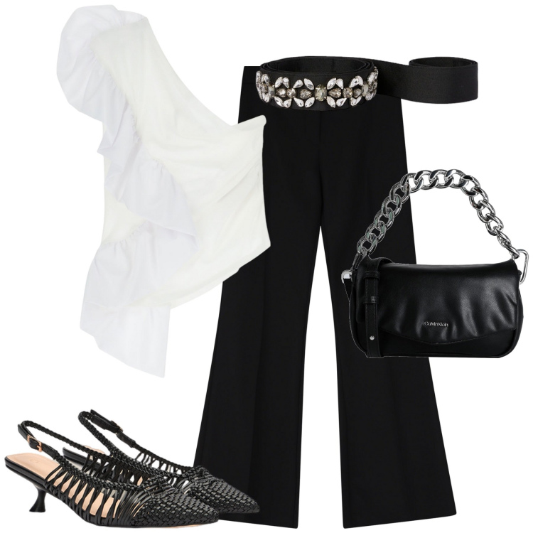 Outfit donna - Aperitivo. Stile Trendy per Serata fuori. Abbinamento con borse a mano, top, pantaloni, cinture, décolleté.