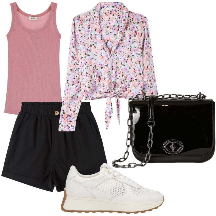 Outfit donna - Camicia a fiori. Stile Basic per Tutti i giorni. Abbinamento con sneakers, pantaloni corti, camicie, canottiere, borse a tracolla.