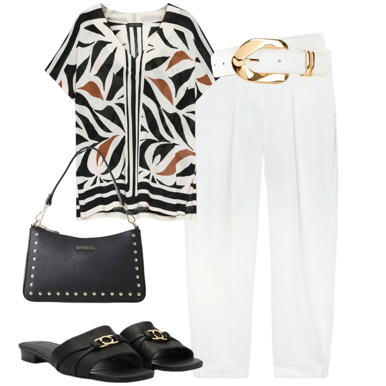 Outfit donna - City. Stile Urban per Tutti i giorni. Abbinamento con cinture, borse a spalla, pantaloni, bluse, sandali col tacco.