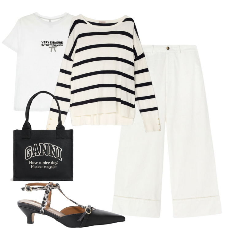 Outfit donna - City. Stile Casual chic per Tutti i giorni. Abbinamento con décolleté, t-shirt, pantaloni, shopping bag, maglieria.